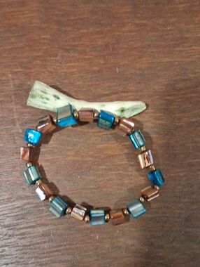 Blue and Copper Square Bead Stretch Bracelet